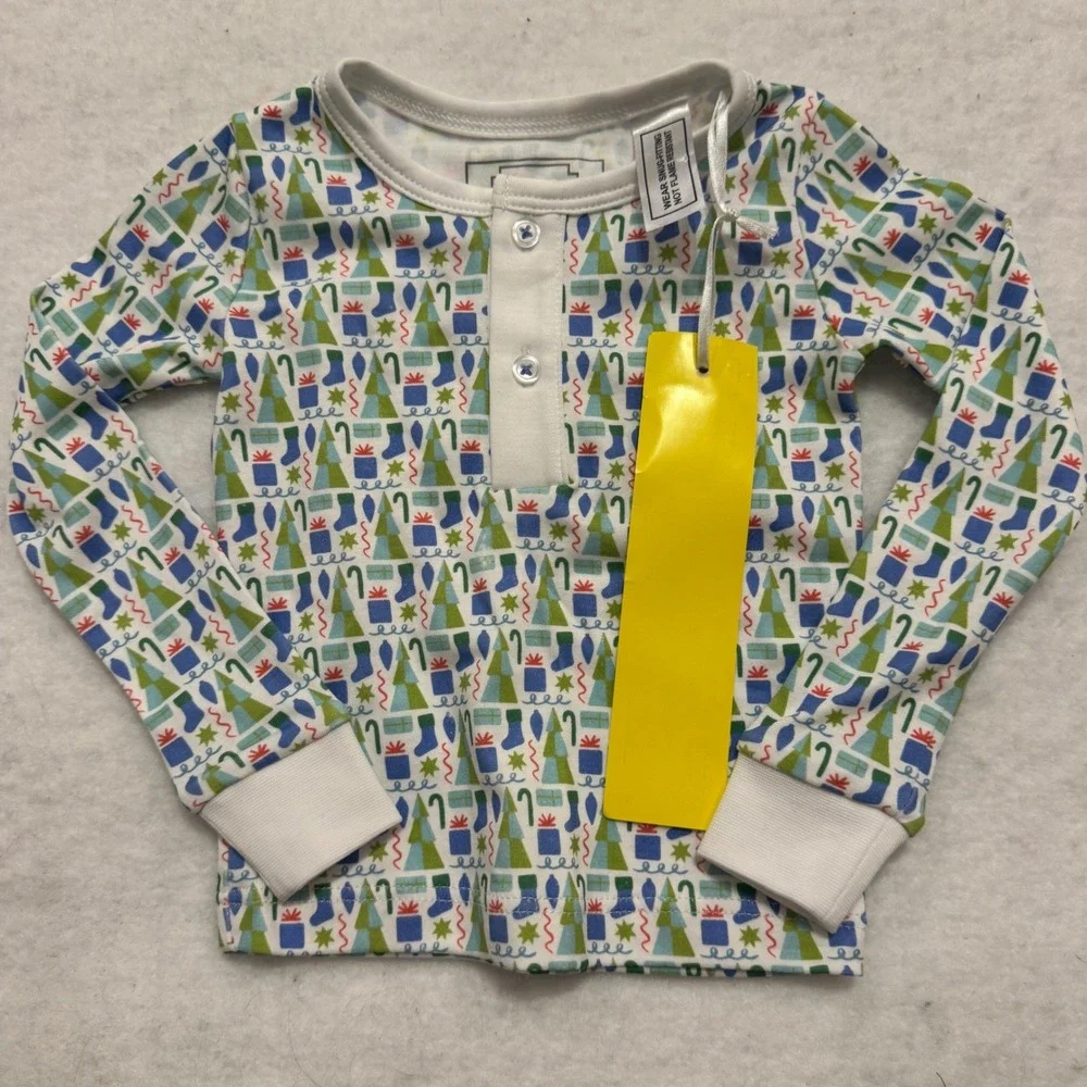 Lila and Hayes Kids Christmas Pima Cotton Henley Pajama Top Blue Green 6-12M NWT
